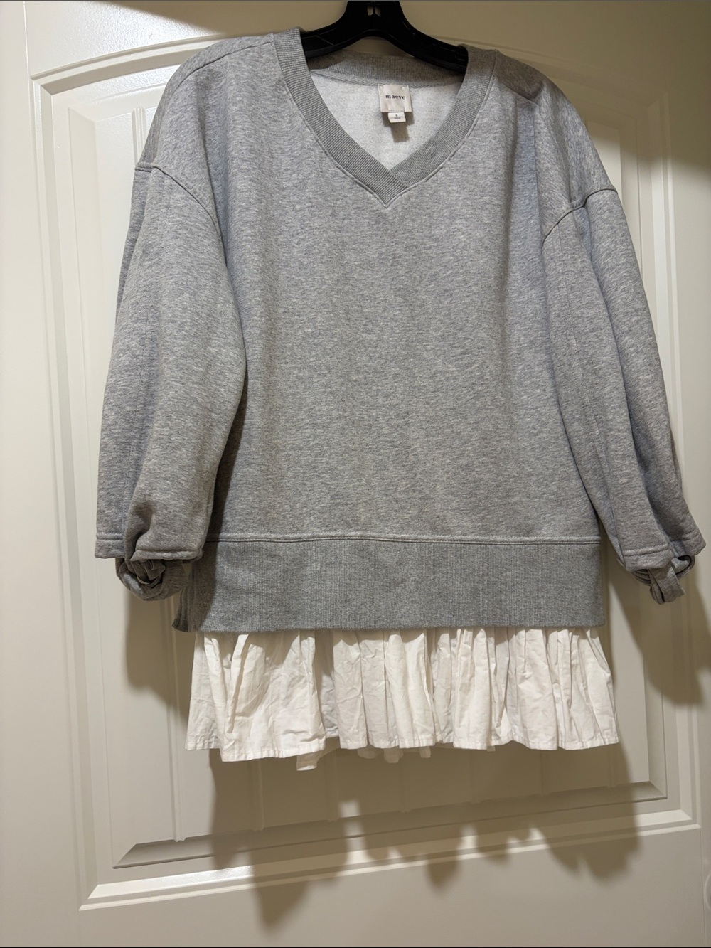Maeve Gray V-Neck Layered Sweater with White Ruffle Hem